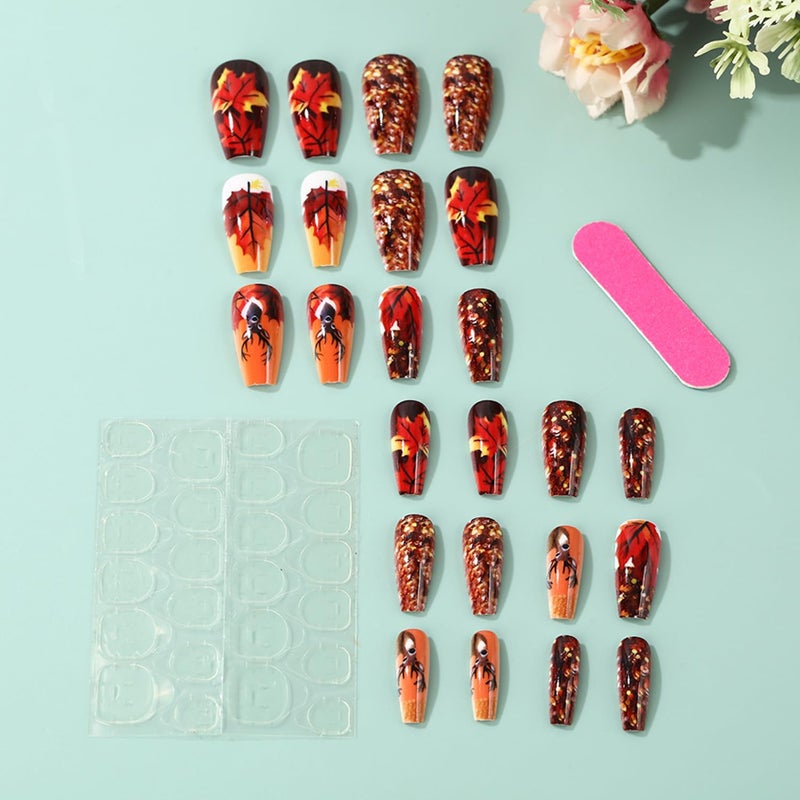 CJDLTS Maple Leaf Thanksgiving Press on Nails Medium Ballet Shaped Artificial Acrylic Nails Cartoon Elk Glitter Sequin Design Stick on Nails Full Cover Glue on Nail Festival Artificial Fingernails for Women - Image 4